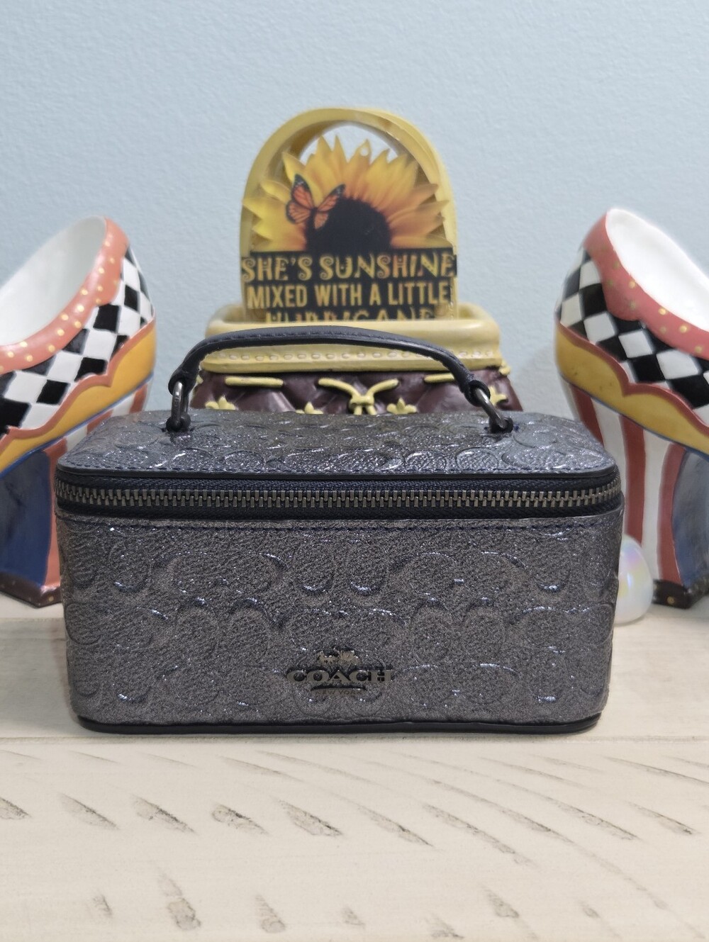Coach Signature Debossed Dark Gray Glitter Travel Vanity Case - NWOT